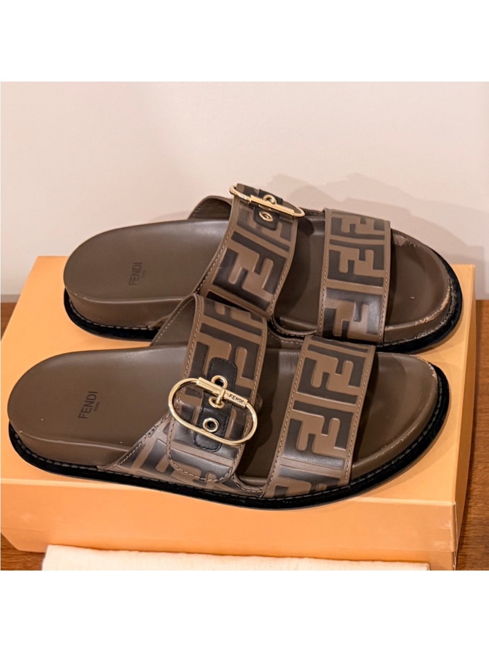Fendi Brown and Gold FF Logo Double-Strap Slide Sandals Sz 10 no box